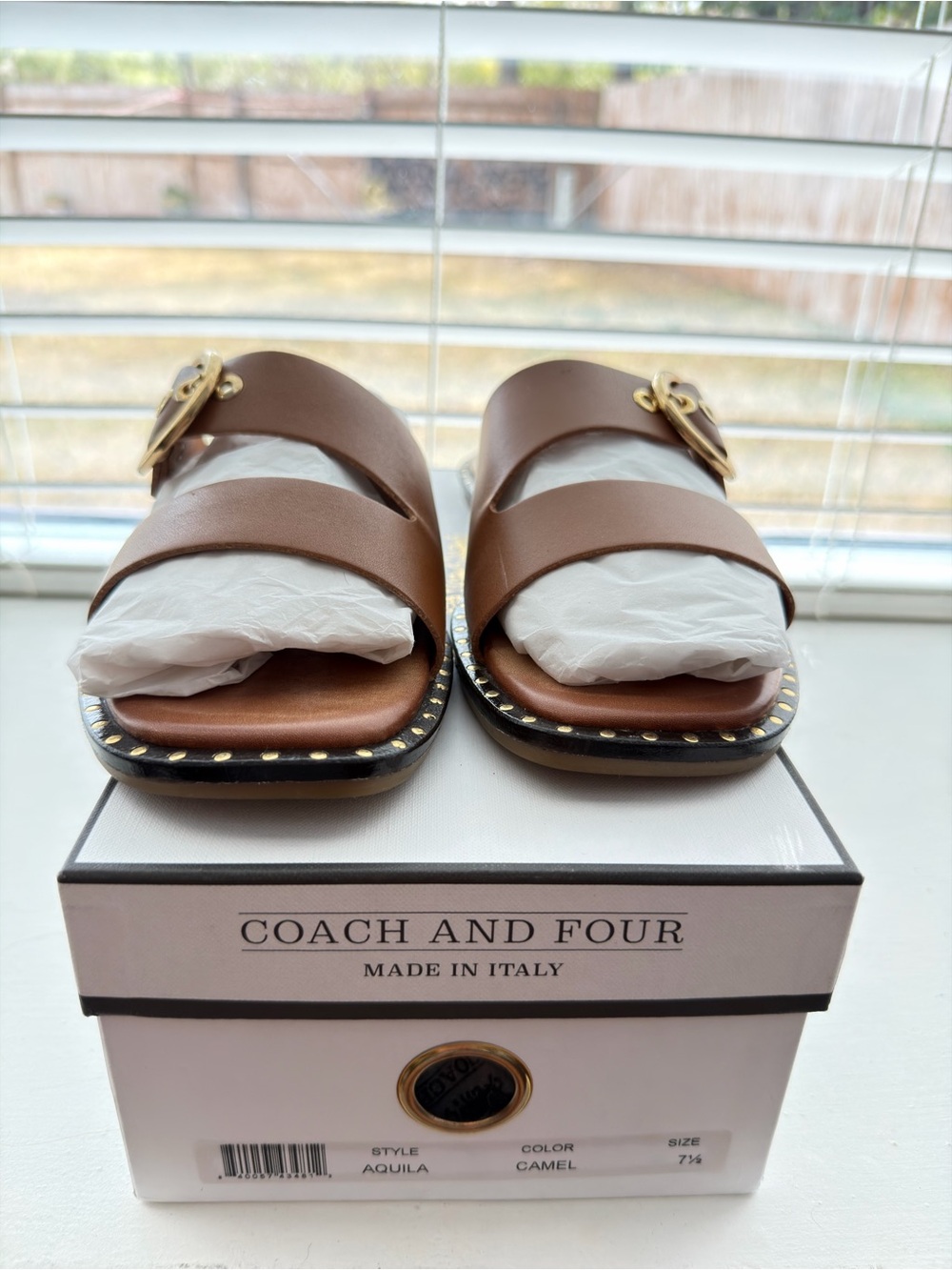 Coach and Four Camel Leather Double-Strap Slide Sandals with Gold Buckle